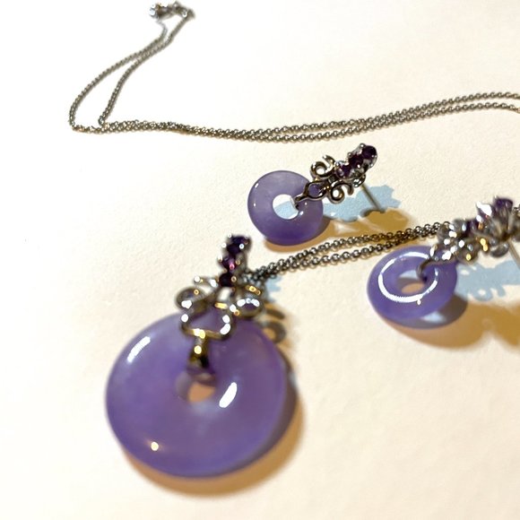 💜 Sterling Silver Lavender Jade Amethyst Earrings and Pendant Necklace Set 925 - Picture 7 of 15